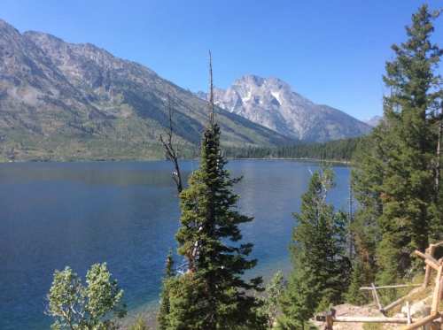 A serene lake surrounded by lush trees and majestic mountains under a clear blue sky.