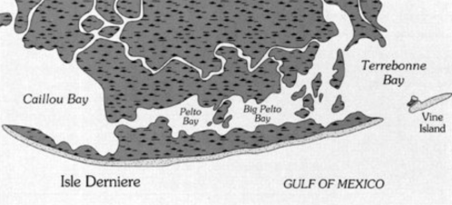 Map showing coastal areas including Caillou Bay, Terrebonne Bay, and Isle Derniere, with the Gulf of Mexico.