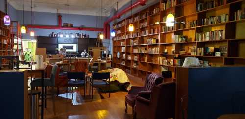 Cozy library interior with wooden bookshelves, colorful chairs, and a small café area in the background.