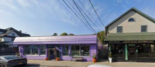 A purple storefront labeled "Purple Cow Co." next to a green building with "Green Line Apothecary" sign. Clear blue sky.