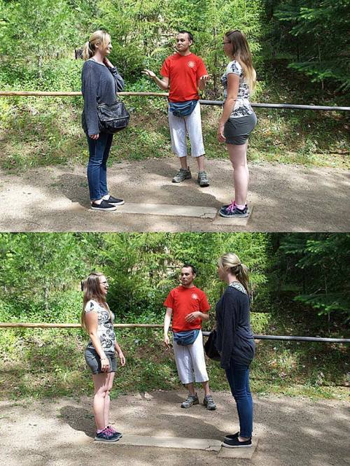 Two women stand facing a man in a red shirt, engaged in conversation outdoors surrounded by trees.