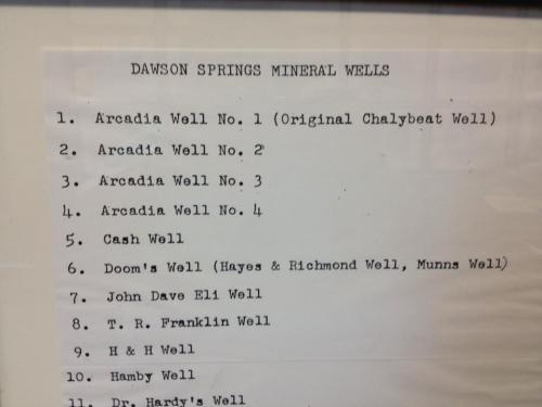 List of mineral wells in Dawson Springs, including names and numbers of each well.