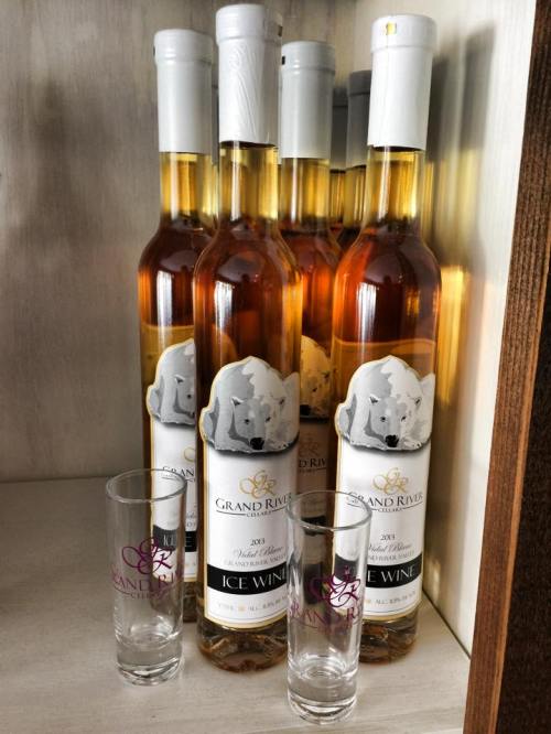 Bottles of Grand River Ice Wine with two shot glasses displayed on a shelf.