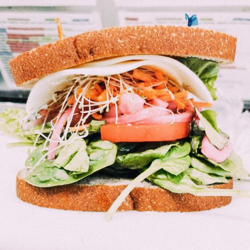 A colorful sandwich stacked with lettuce, tomato, carrots, sprouts, and cheese between two slices of whole grain bread.
