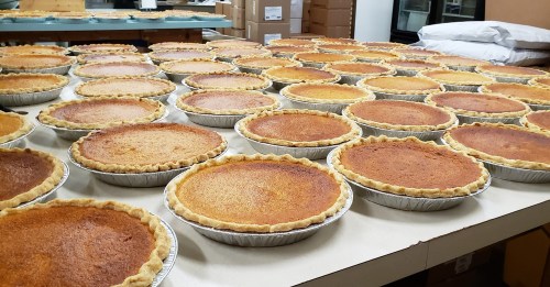 A large table filled with numerous freshly baked pies, all with golden-brown crusts and smooth fillings.