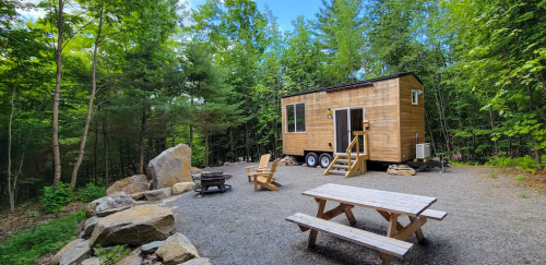 A cozy tiny house on wheels surrounded by trees, with a picnic table and fire pit in a gravel clearing.