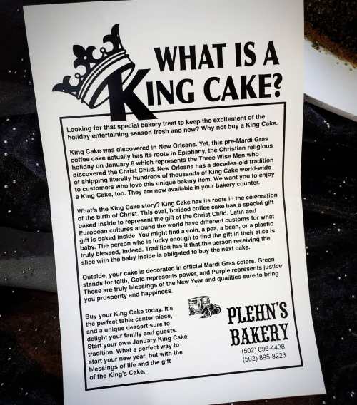 A flyer explaining King Cake, its history, and details about ordering from Plehn's Bakery.