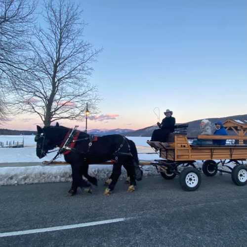 A horse-drawn carriage on a snowy road, with a scenic view of trees and a sunset in the background.