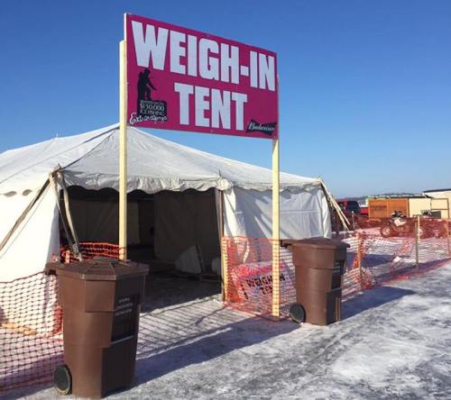 A large tent labeled "WEIGH-IN TENT" with trash bins outside, set against a clear blue sky.