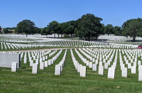 A vast cemetery with rows of white gravestones set against a clear blue sky and green grass.