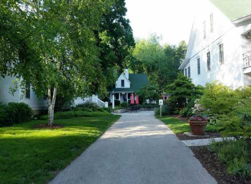 A serene pathway leads to a charming house, surrounded by lush greenery and colorful flowers.