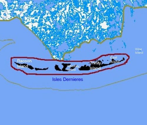 Map of the Isles Dernieres, showing Raccoon, Whiskey, Trinity, East, and Wine Islands along the coastline.