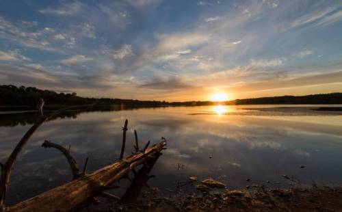 A serene sunset over a calm lake, with reflections on the water and a log in the foreground.