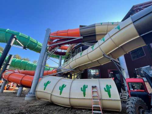 Colorful water slides twist and turn outside a building, with a ladder leaning against one slide and cacti designs on the surface.