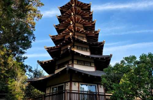 A tall, multi-tiered pagoda surrounded by trees under a clear blue sky.