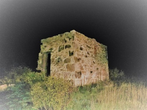 A weathered stone structure stands alone at night, surrounded by tall grass and shrubs under a dark sky.