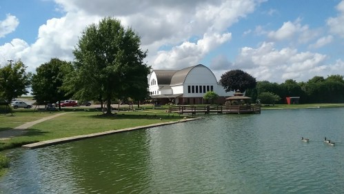 A serene lake scene with a white building, trees, and ducks swimming under a partly cloudy sky.