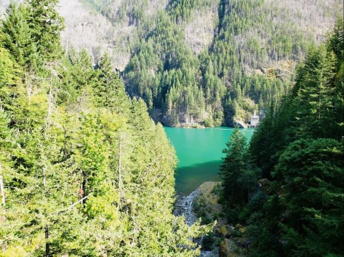 A serene turquoise lake surrounded by lush green trees and mountains in a tranquil natural setting.