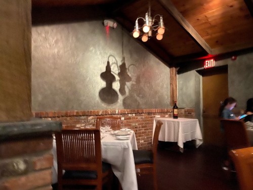 A dimly lit restaurant interior with shadows of hanging lamps on a textured wall and a brick accent.