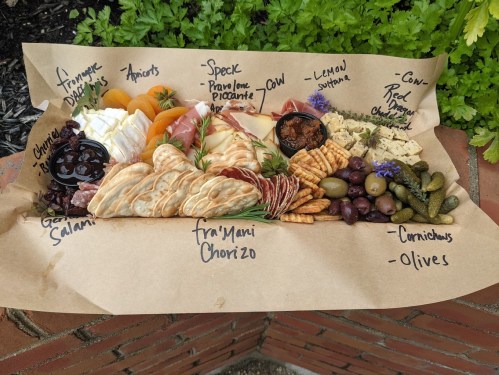 A colorful charcuterie board featuring meats, cheeses, fruits, nuts, and olives arranged on brown paper.