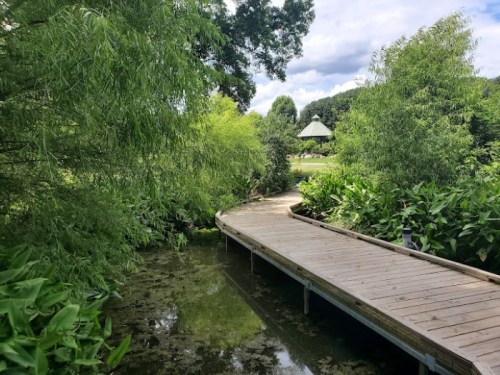 A wooden walkway winds through lush greenery, leading to a gazebo in a serene park setting.
