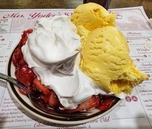 A bowl of strawberry shortcake topped with whipped cream and two scoops of yellow ice cream on a menu backdrop.