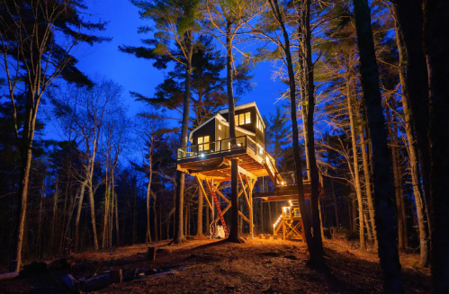 A cozy treehouse illuminated at dusk, nestled among tall trees in a serene forest setting.