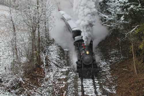 A steam train chugs through a snowy landscape, billowing smoke amidst trees and a winter scene.