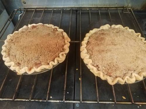 Two freshly baked pies with crumb topping, cooling on a wire rack inside an oven.