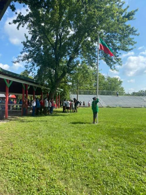 A grassy field with a flagpole, people gathered near a pavilion, and bleachers in the background under a blue sky.