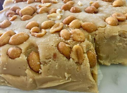 Close-up of a creamy confection topped with roasted peanuts, cut into squares.