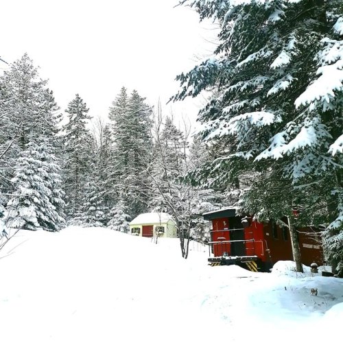 A red train car and a small cabin surrounded by snow-covered trees in a winter landscape.