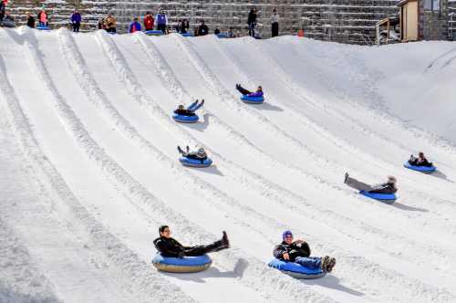 People tubing down a snowy slope, enjoying a winter day at a snow park.