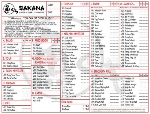 Menu for Sakana Japanese Cuisine featuring sections for tempura, sushi, appetizers, and more, with item numbers and descriptions.