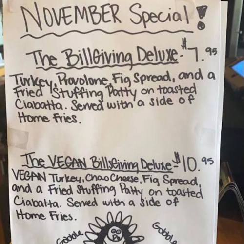 Menu board featuring November specials: BillGiving Deluxe and Vegan BillGiving Deluxe with prices and descriptions.