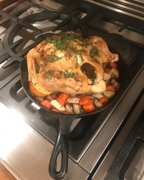 A roasted chicken with herbs sits in a cast iron skillet, surrounded by carrots and potatoes on a stovetop.