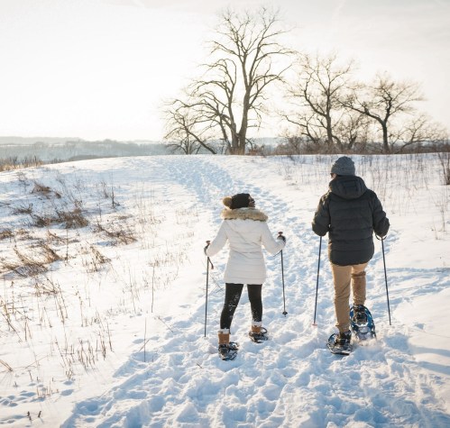 Two people snowshoeing on a snowy path, surrounded by trees and a clear sky.