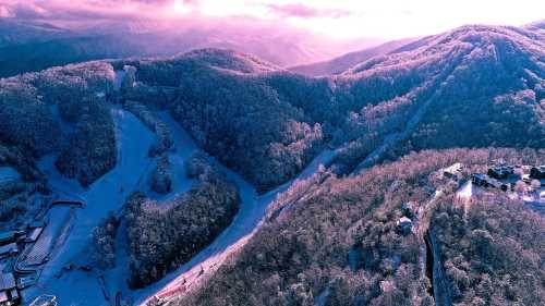 Aerial view of snow-covered mountains and ski slopes under a pinkish sky, surrounded by frosted trees.