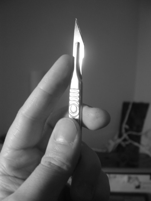 A hand holding a metallic scalpel against a softly lit background.