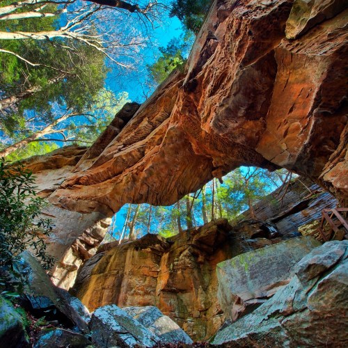A stunning rock arch surrounded by lush greenery and blue sky, showcasing nature's beauty and geological formations.
