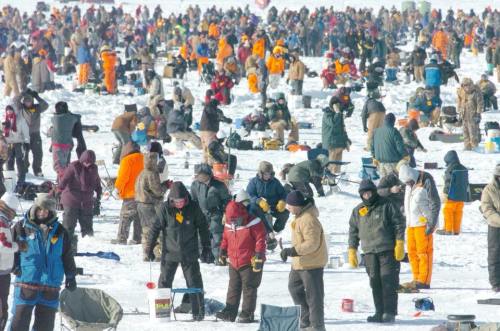 A large crowd of people ice fishing on a snowy landscape, wearing winter clothing and using fishing gear.