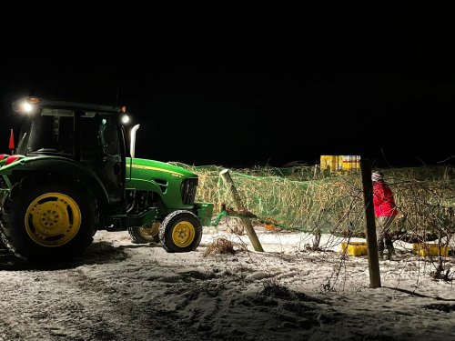 A green tractor illuminated at night, with a person in red working nearby among branches and snow.