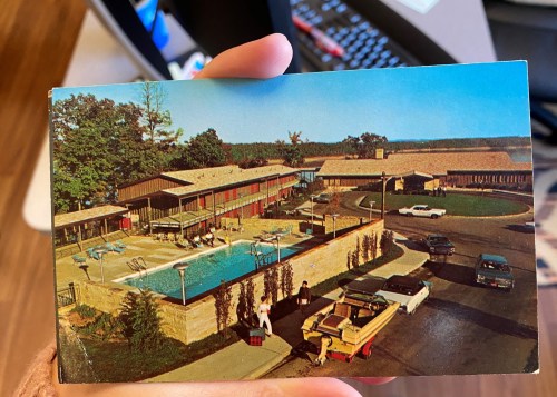 A vintage postcard showing a motel with a pool, surrounded by trees and parked cars on a sunny day.