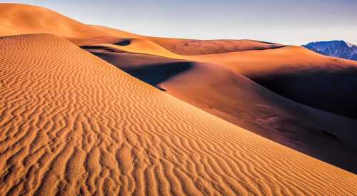 A vast desert landscape with rolling sand dunes and gentle shadows, illuminated by warm sunlight.