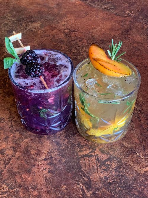 Two colorful cocktails on a textured surface: one with blackberries and mint, the other with citrus and herbs.