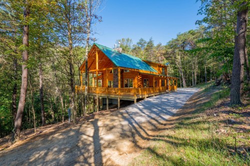 A charming log cabin with a green roof, surrounded by trees, on a gravel driveway under a clear blue sky.