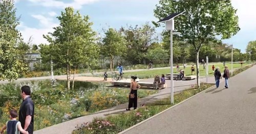 A vibrant park scene with people walking, biking, and enjoying nature, featuring trees, flowers, and solar lights.