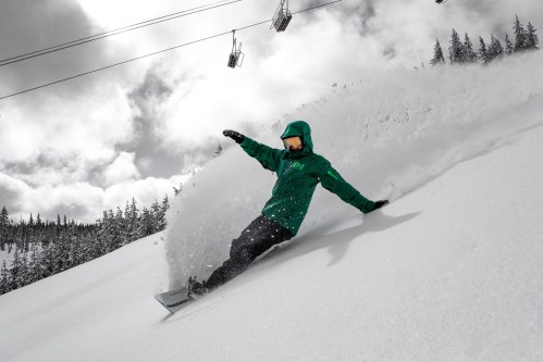 A snowboarder in a green jacket carves through fresh snow, with trees and ski lifts in the background under a cloudy sky.