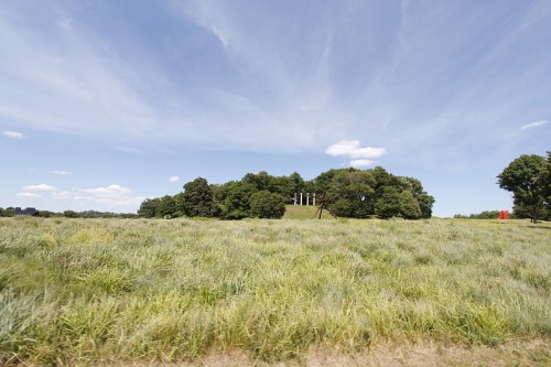 A grassy field with trees and a hill in the background under a blue sky with scattered clouds.