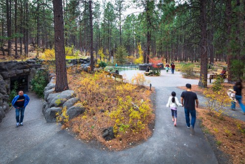 A scenic park path winding through trees, with people walking and colorful autumn foliage in the background.